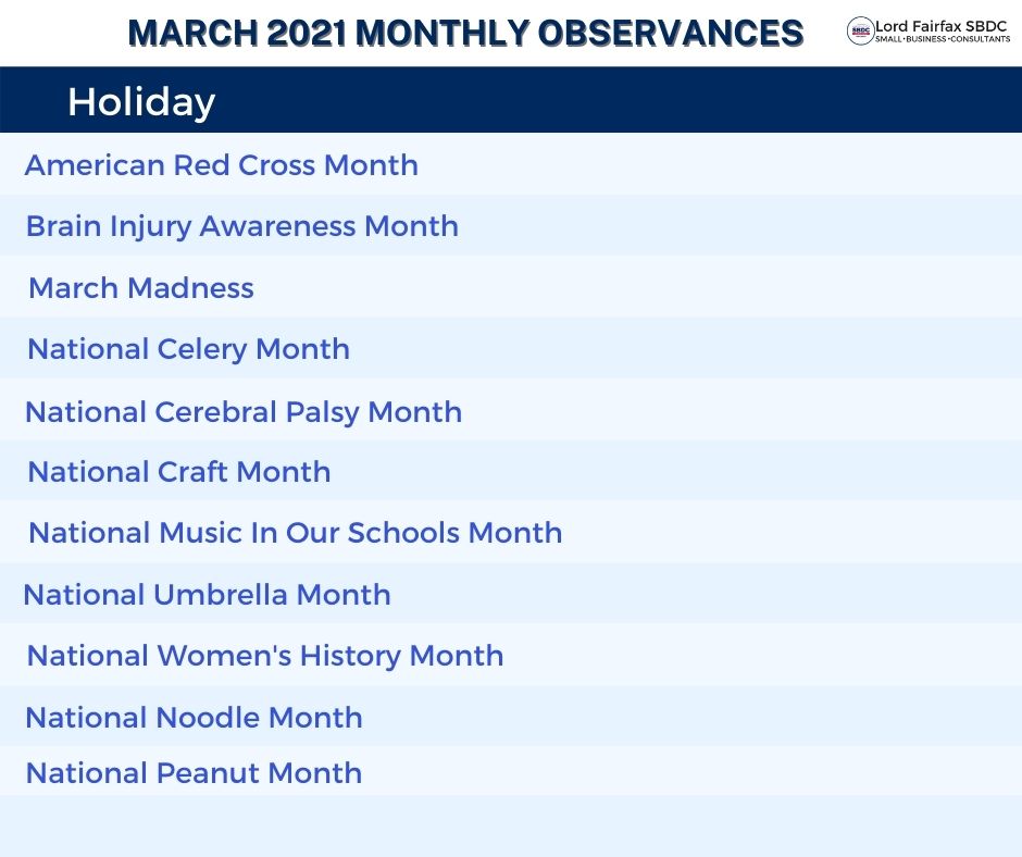 March Monthly Observances 2021 Small Business Consultants Winchester VA